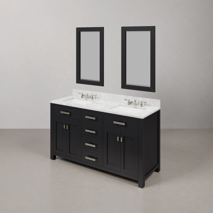 60-inch Strat Espresso Double Sink Vanity Set Carrara White Marble Chrome Faucets Mirrors Included