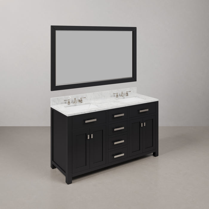 60" Win Espresso Bathroom Vanity Set - Double Sink Carrara Marble with Mirror and Faucets
