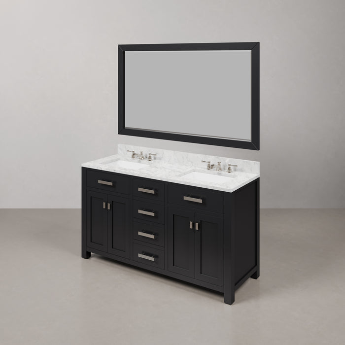 60" Win Espresso Bathroom Vanity Set - Double Sink Carrara Marble with Mirror and Faucets