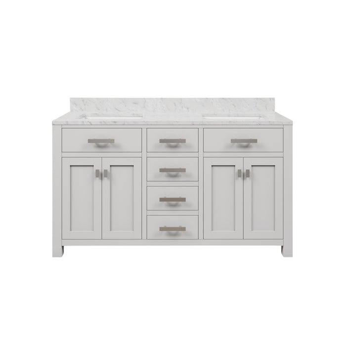 60 Inch Laurel Pure White Double Sink Vanity Cabinet with Carrara Marble Countertop
