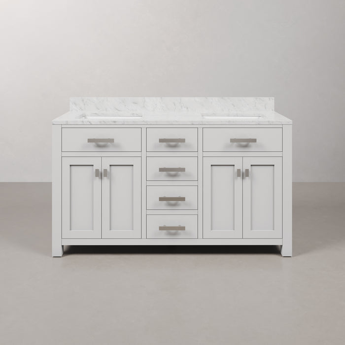 60 Inch Laurel Pure White Double Sink Vanity Cabinet with Carrara Marble Countertop