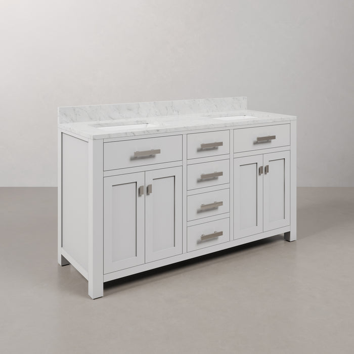 60 Inch Laurel Pure White Double Sink Vanity Cabinet with Carrara Marble Countertop