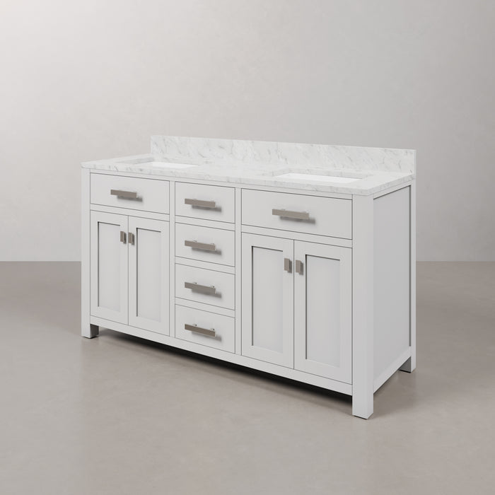 60 Inch Laurel Pure White Double Sink Vanity Cabinet with Carrara Marble Countertop