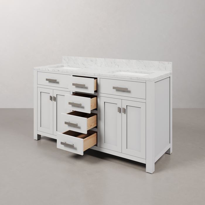60 Inch Pure White Crest Double Bathroom Vanity Carrara Marble Top & Rectangular Mirrors