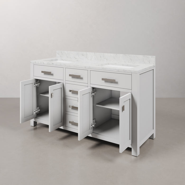 60 Inch Pure White Crest Double Bathroom Vanity Carrara Marble Top & Rectangular Mirrors
