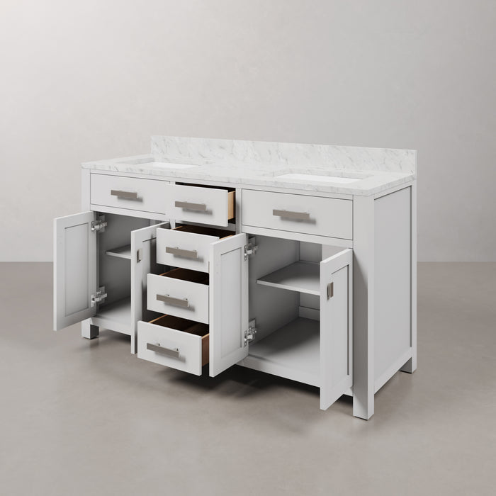 60 Inch Pure White Crest Double Bathroom Vanity Carrara Marble Top & Rectangular Mirrors