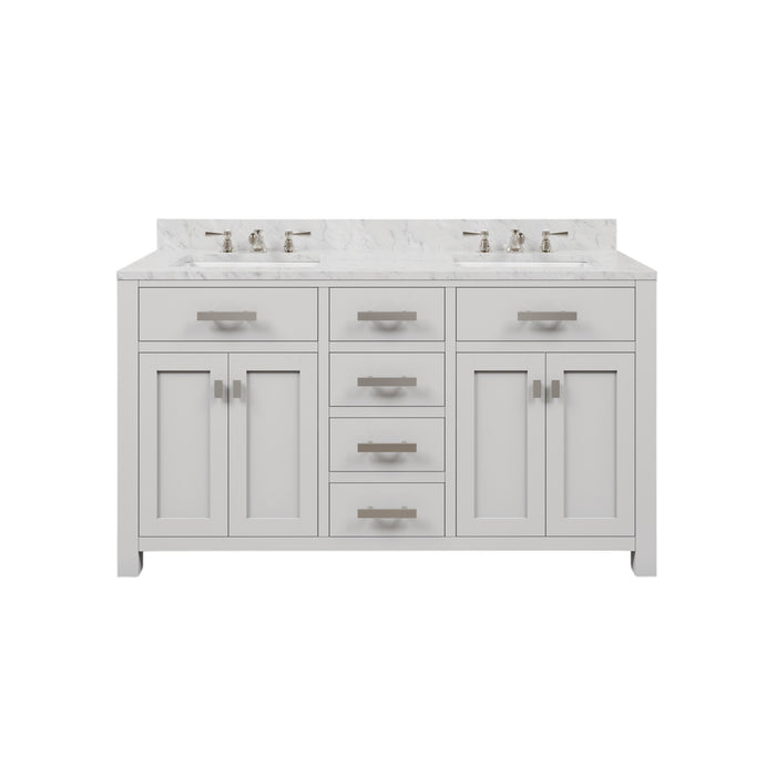 60 Inch Tide Pure White Double Sink Bathroom Vanity with Carrara White Marble Countertop and Chrome Hardware