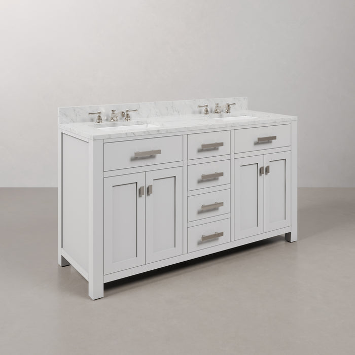 60 Inch Tide Pure White Double Sink Bathroom Vanity with Carrara White Marble Countertop and Chrome Hardware