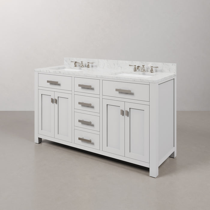 60 Inch Tide Pure White Double Sink Bathroom Vanity with Carrara White Marble Countertop and Chrome Hardware
