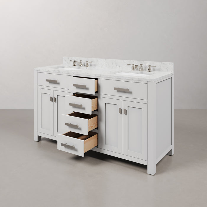 60 Inch Frost Pure White Double Bathroom Vanity Set with Carrara Marble Countertop Undermount Sinks with Chrome Faucets and Mirror