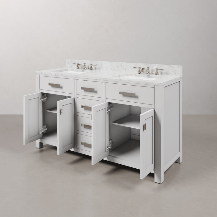 60 Inch Frost Pure White Double Bathroom Vanity Set with Carrara Marble Countertop Undermount Sinks with Chrome Faucets and Mirror