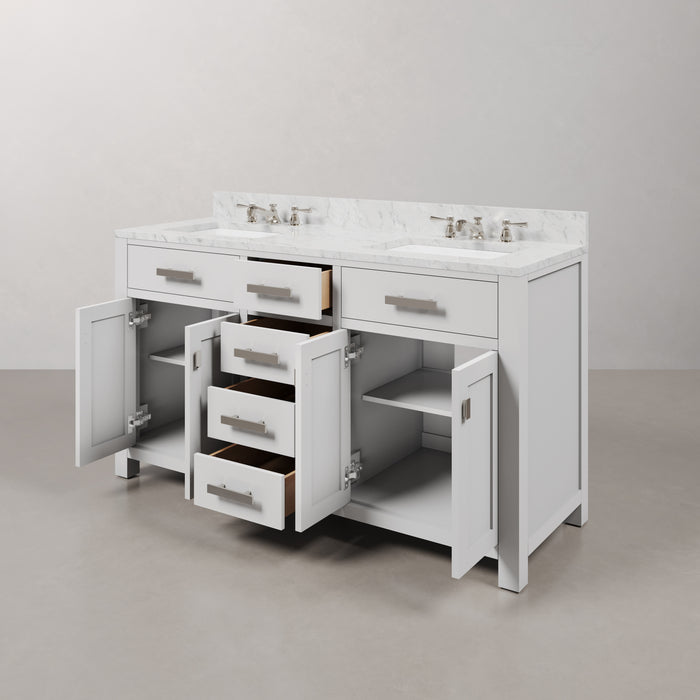 60-Inch Scott Double Sink Bathroom Vanity - Pure White Cabinet with Carrara Marble Top with Chrome Faucets & Mirror Included