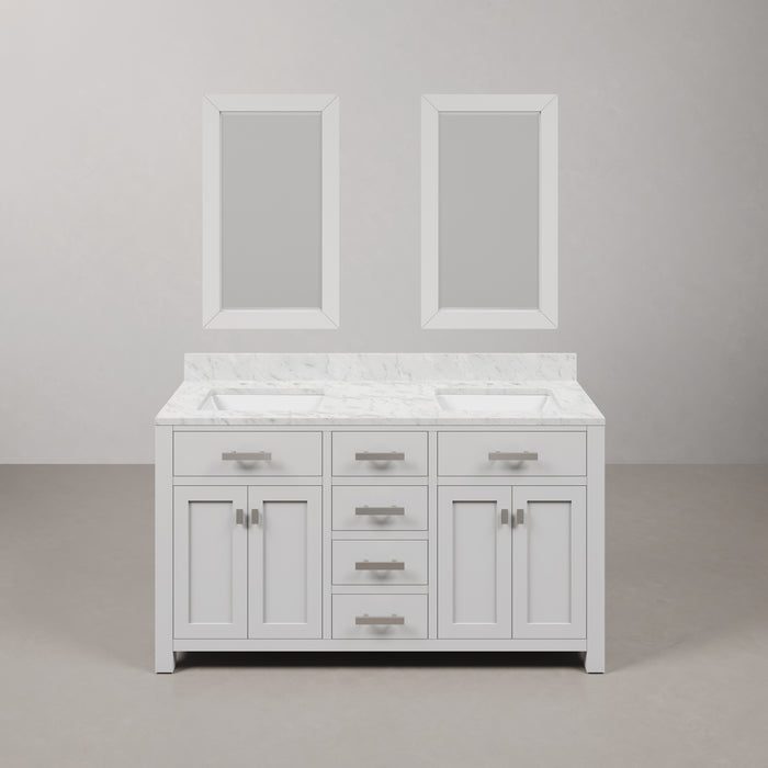 60 Inch Pure White Crest Double Bathroom Vanity Carrara Marble Top & Rectangular Mirrors