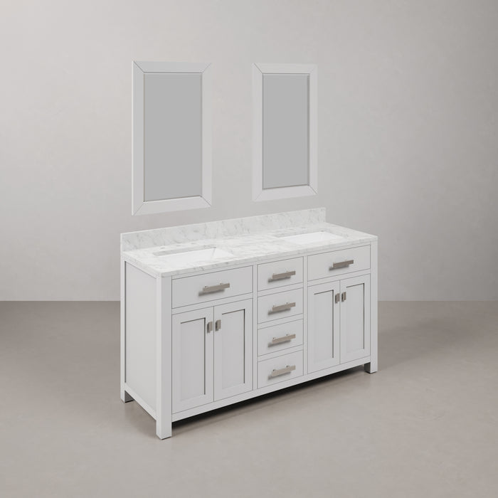 60 Inch Pure White Crest Double Bathroom Vanity Carrara Marble Top & Rectangular Mirrors