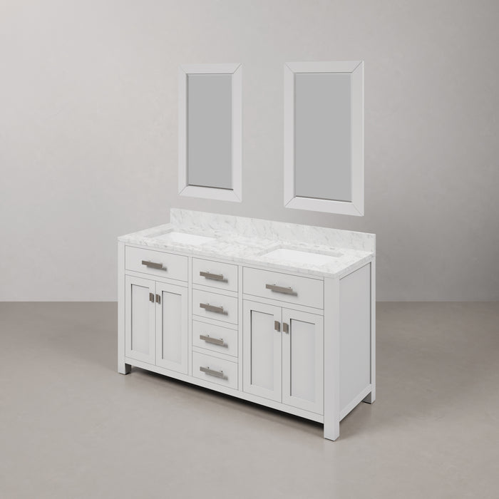 60 Inch Pure White Crest Double Bathroom Vanity Carrara Marble Top & Rectangular Mirrors