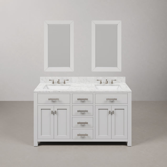 60-Inch Scott Double Sink Bathroom Vanity - Pure White Cabinet with Carrara Marble Top with Chrome Faucets & Mirror Included