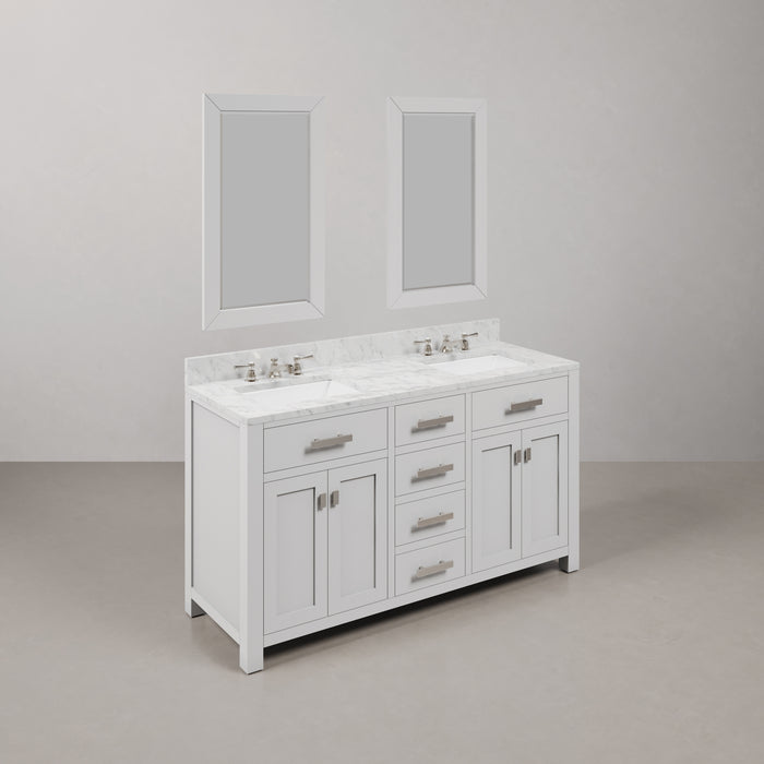 60-Inch Scott Double Sink Bathroom Vanity - Pure White Cabinet with Carrara Marble Top with Chrome Faucets & Mirror Included