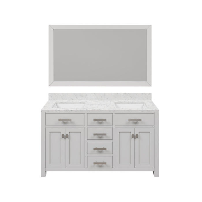 60 Inch Rosey Double Vanity Pure White Hardwood with Carrara White Marble Top & Mirror