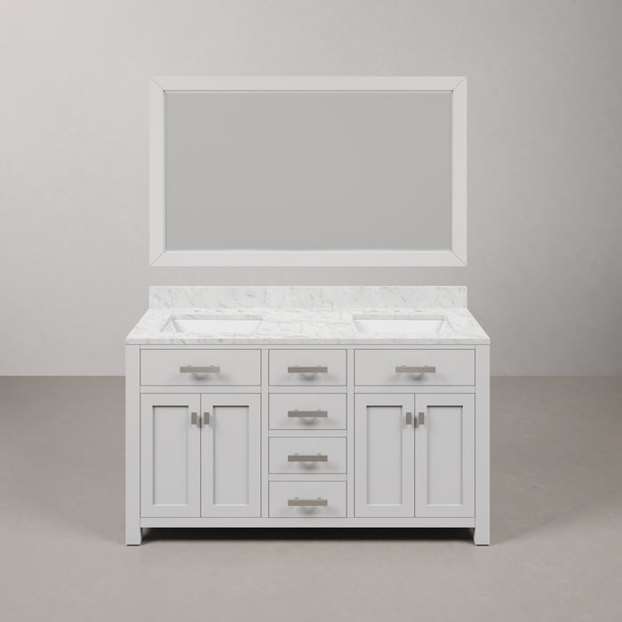 60 Inch Rosey Double Vanity Pure White Hardwood with Carrara White Marble Top & Mirror