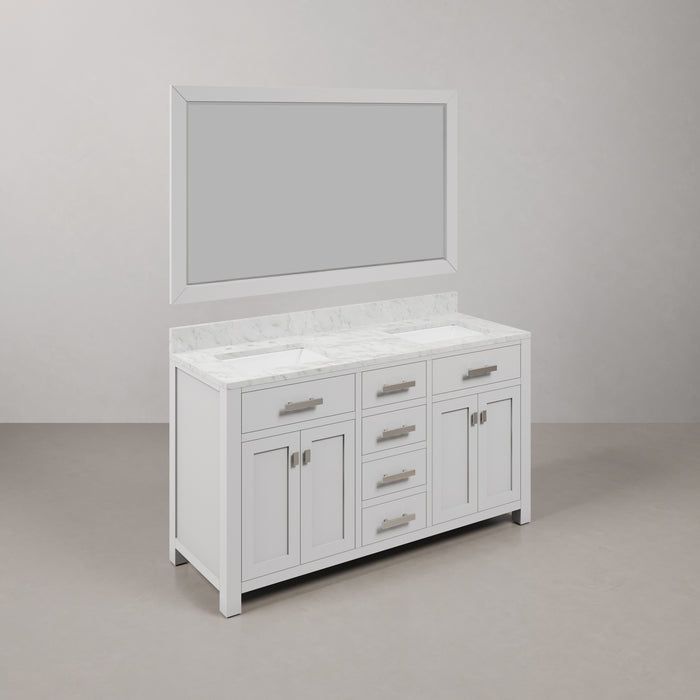 60 Inch Rosey Double Vanity Pure White Hardwood with Carrara White Marble Top & Mirror