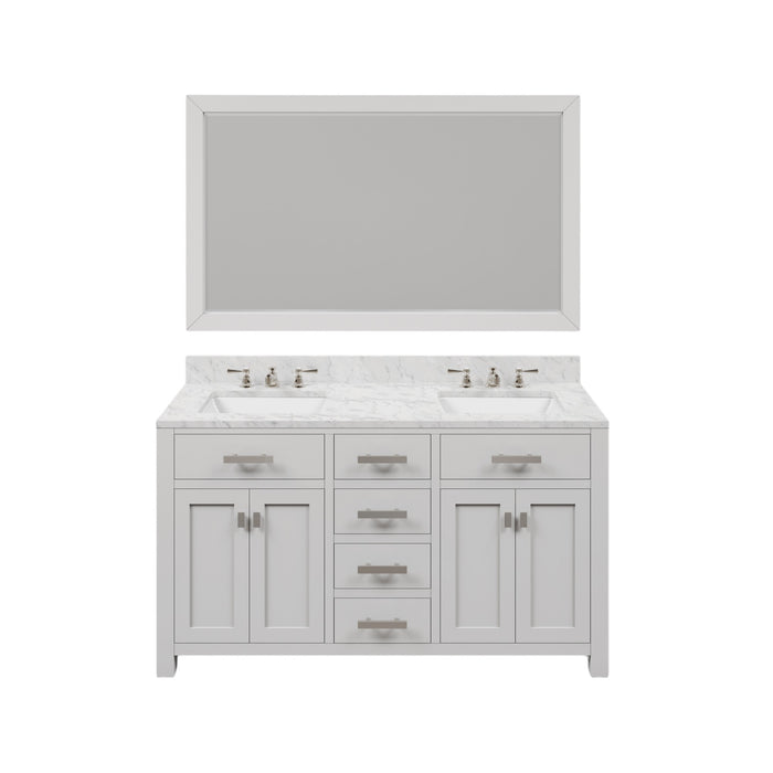 60 Inch Frost Pure White Double Bathroom Vanity Set with Carrara Marble Countertop Undermount Sinks with Chrome Faucets and Mirror