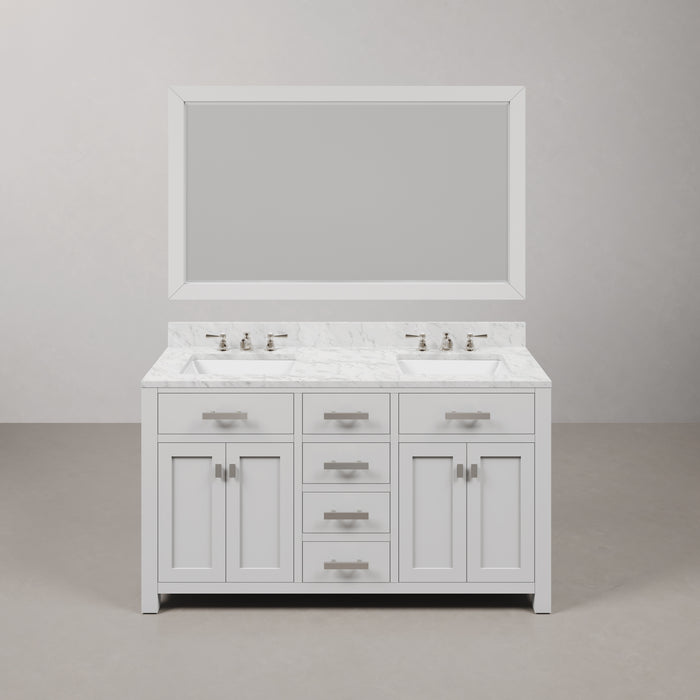 60 Inch Frost Pure White Double Bathroom Vanity Set with Carrara Marble Countertop Undermount Sinks with Chrome Faucets and Mirror