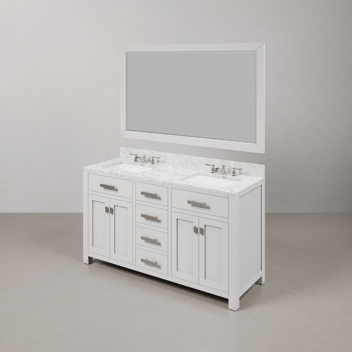 60 Inch Frost Pure White Double Bathroom Vanity Set with Carrara Marble Countertop Undermount Sinks with Chrome Faucets and Mirror