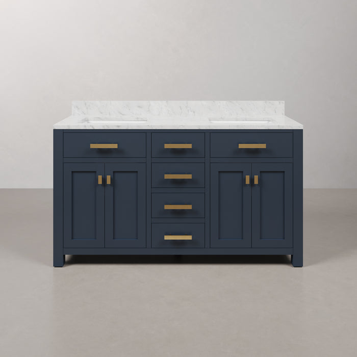 60 Inch Nor Double Sink Marble Bathroom Vanity Monarch Blue Freestanding with Satin Gold Hardware