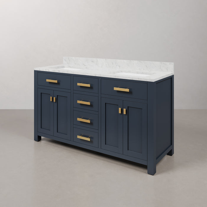 60 Inch Nor Double Sink Marble Bathroom Vanity Monarch Blue Freestanding with Satin Gold Hardware