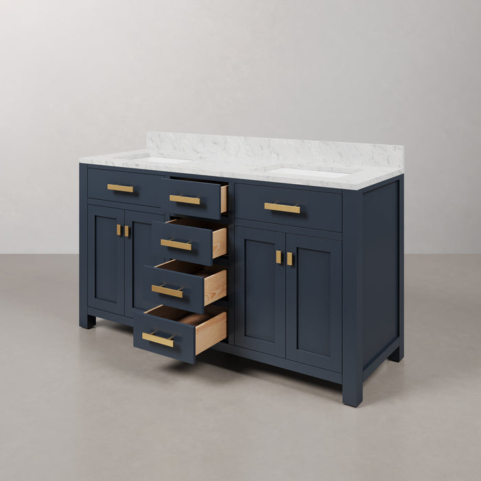 60 Inch Nor Double Sink Marble Bathroom Vanity Monarch Blue Freestanding with Satin Gold Hardware