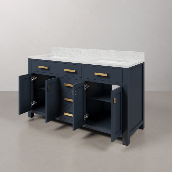 60 Inch Willow Carrara Marble Double Bathroom Vanity Monarch Blue Transitional Cabinet with Mirrors