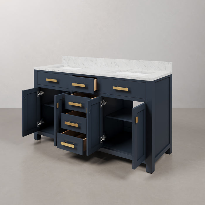 60 Inch Willow Carrara Marble Double Bathroom Vanity Monarch Blue Transitional Cabinet with Mirrors