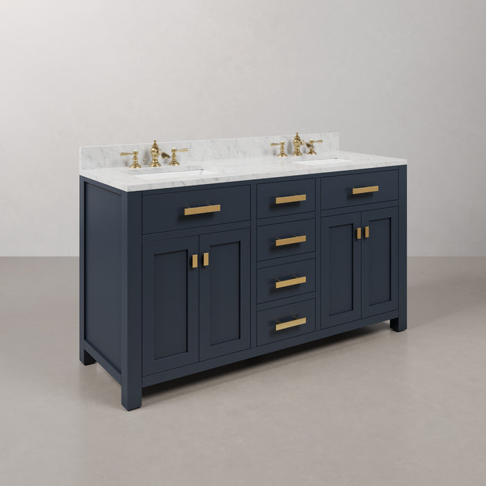 60" Mira Double Sink Hardwood Bathroom Vanity in Monarch Blue Finish - Carrara Marble Countertop with Gold Hardware