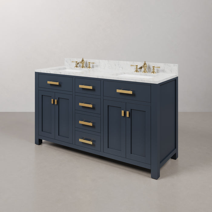 60" Mira Double Sink Hardwood Bathroom Vanity in Monarch Blue Finish - Carrara Marble Countertop with Gold Hardware