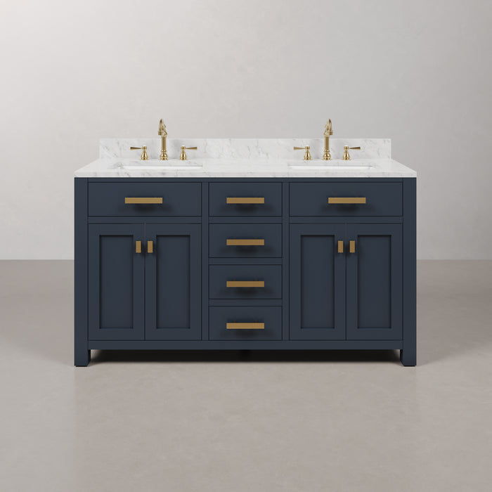 60 Inch Verde Hardwood Double Sink Vanity - Carrara White Marble Top in Monarch Blue with Gold Faucets