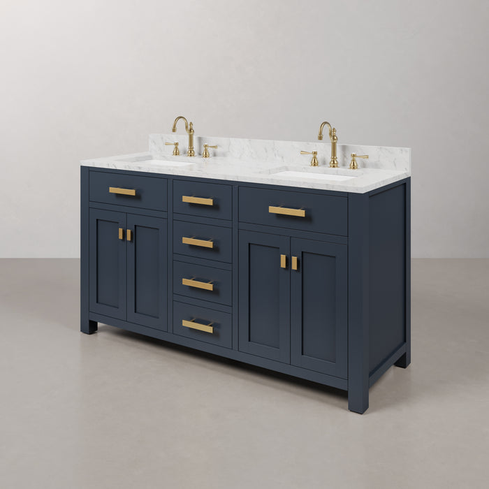 60 Inch Verde Hardwood Double Sink Vanity - Carrara White Marble Top in Monarch Blue with Gold Faucets