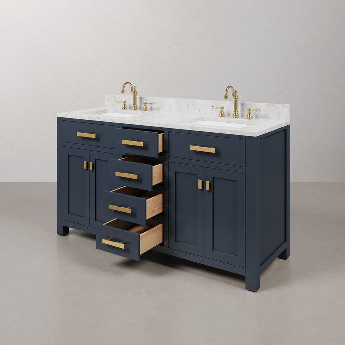 60 Inch Double Sink Carrara Marble Bathroom Vanity Bella Monarch Blue Fully Assembled with Gold Hardware
