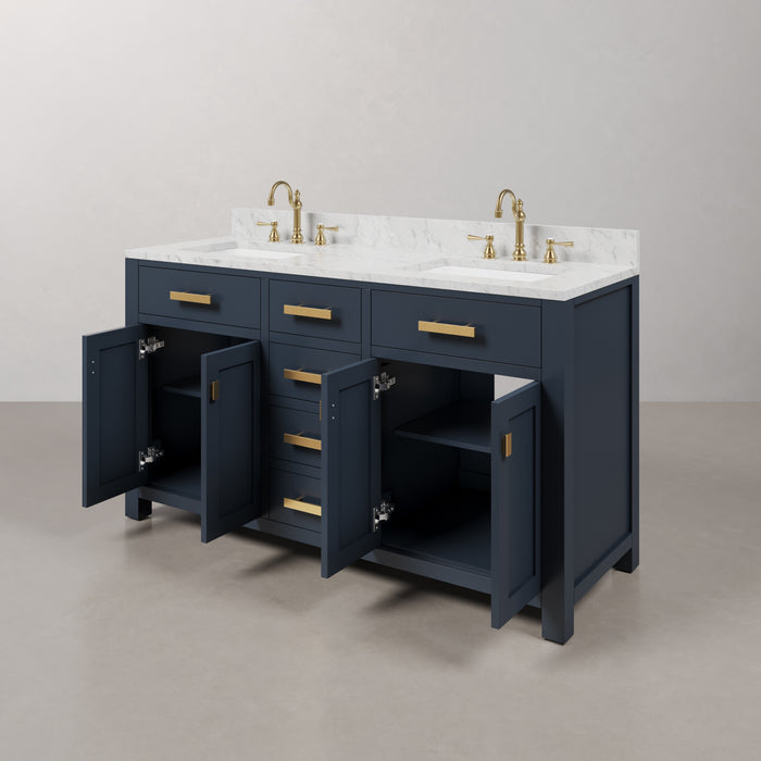 60 Inch Double Sink Carrara Marble Bathroom Vanity Bella Monarch Blue Fully Assembled with Gold Hardware