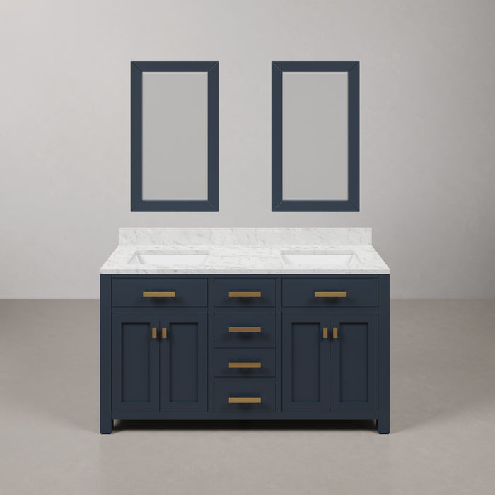 60 Inch Willow Carrara Marble Double Bathroom Vanity Monarch Blue Transitional Cabinet with Mirrors