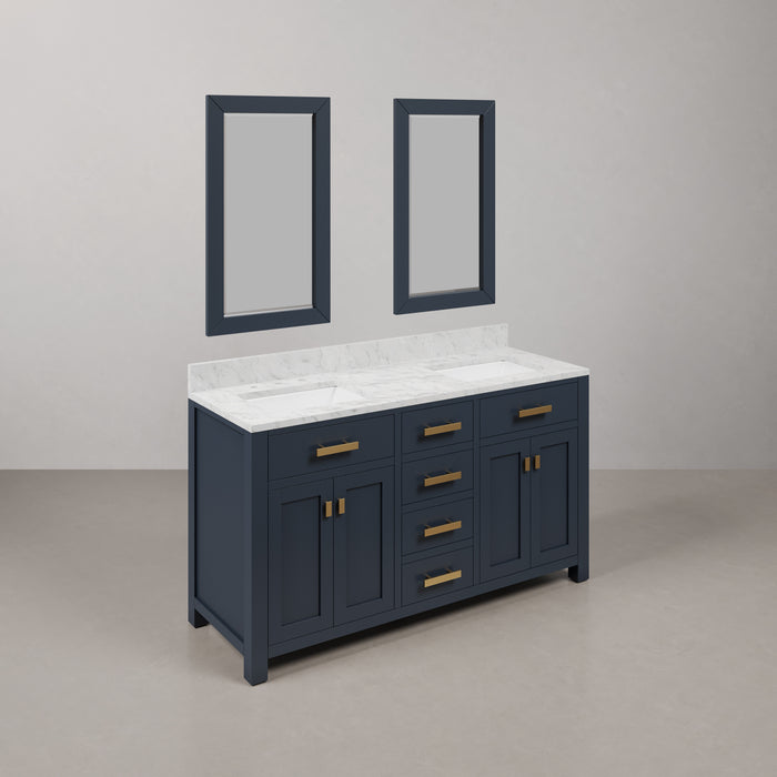 60 Inch Willow Carrara Marble Double Bathroom Vanity Monarch Blue Transitional Cabinet with Mirrors