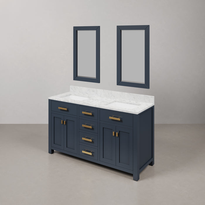 60 Inch Willow Carrara Marble Double Bathroom Vanity Monarch Blue Transitional Cabinet with Mirrors