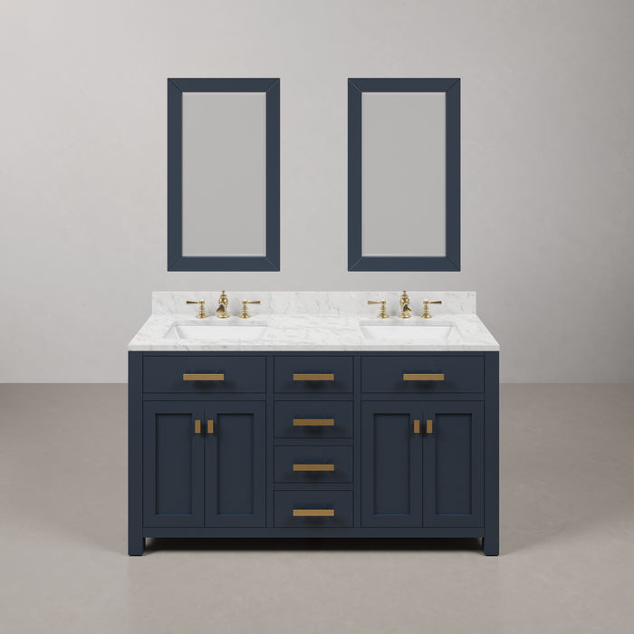 60 Inch Eve Double Sink Carrara White Marble Vanity in Monarch Blue with Waterfall Faucets and Mirrors