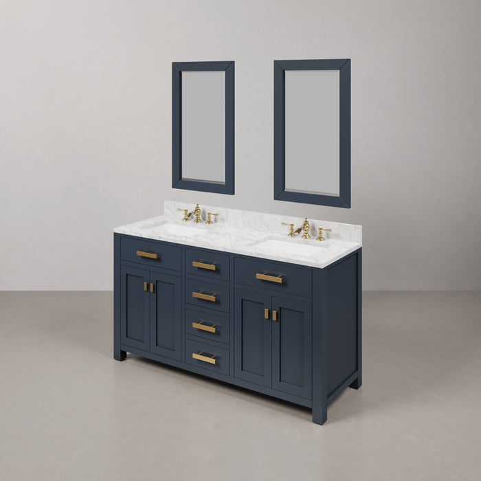 60 Inch Eve Double Sink Carrara White Marble Vanity in Monarch Blue with Waterfall Faucets and Mirrors
