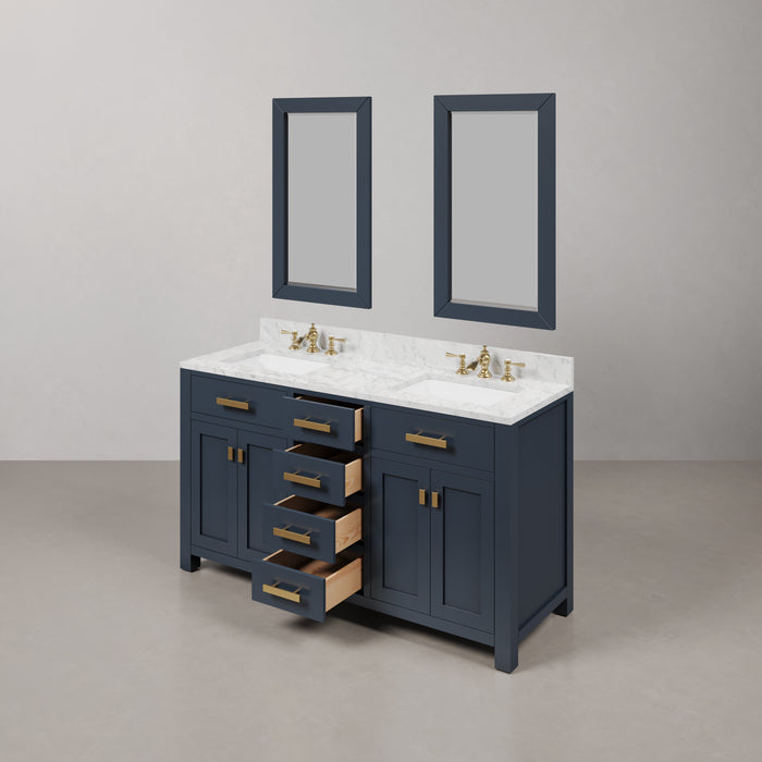 60 Inch Eve Double Sink Carrara White Marble Vanity in Monarch Blue with Waterfall Faucets and Mirrors