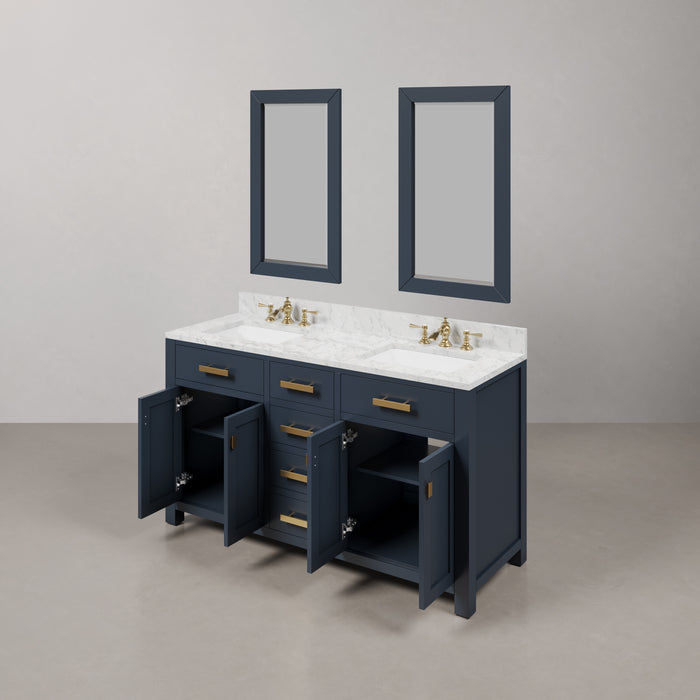 60 Inch Eve Double Sink Carrara White Marble Vanity in Monarch Blue with Waterfall Faucets and Mirrors