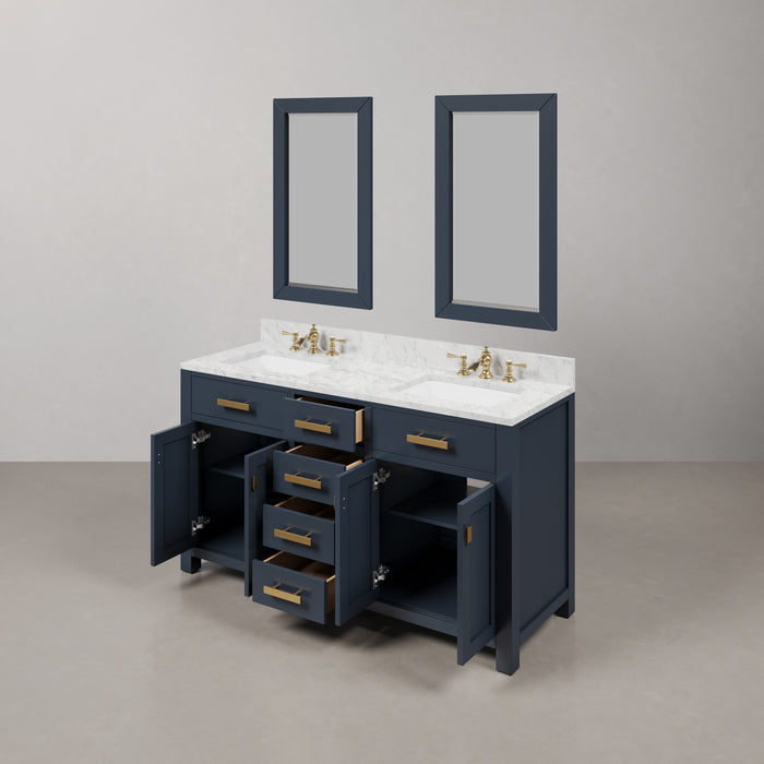 60 Inch Eve Double Sink Carrara White Marble Vanity in Monarch Blue with Waterfall Faucets and Mirrors