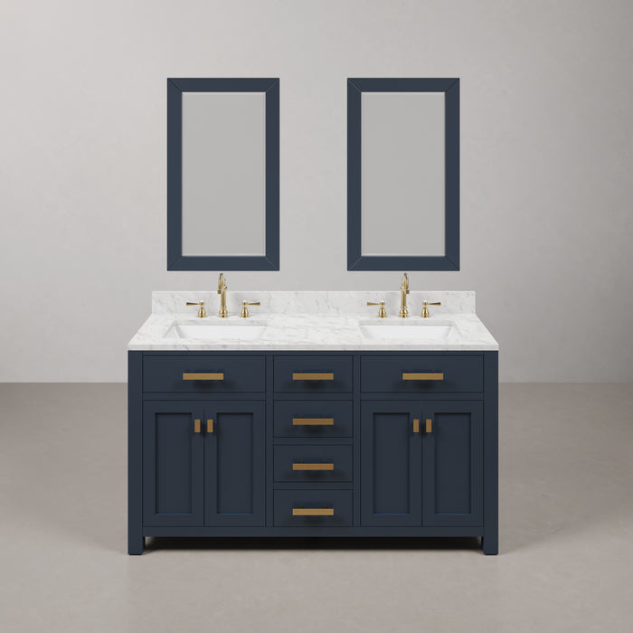 60 Inch Double Sink Carrara Marble Bathroom Vanity Bella Monarch Blue Fully Assembled with Gold Hardware