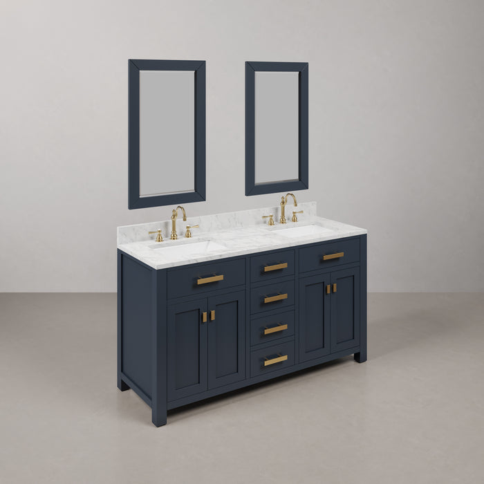 60 Inch Double Sink Carrara Marble Bathroom Vanity Bella Monarch Blue Fully Assembled with Gold Hardware