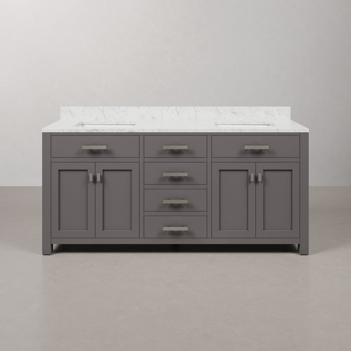 72 Inch Isa Double Sink Carrara White Marble Bathroom Vanity in Cashmere Grey with Soft Close Drawers