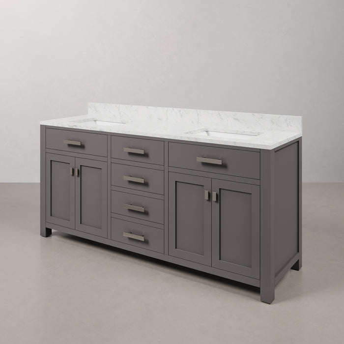 72 Inch Isa Double Sink Carrara White Marble Bathroom Vanity in Cashmere Grey with Soft Close Drawers